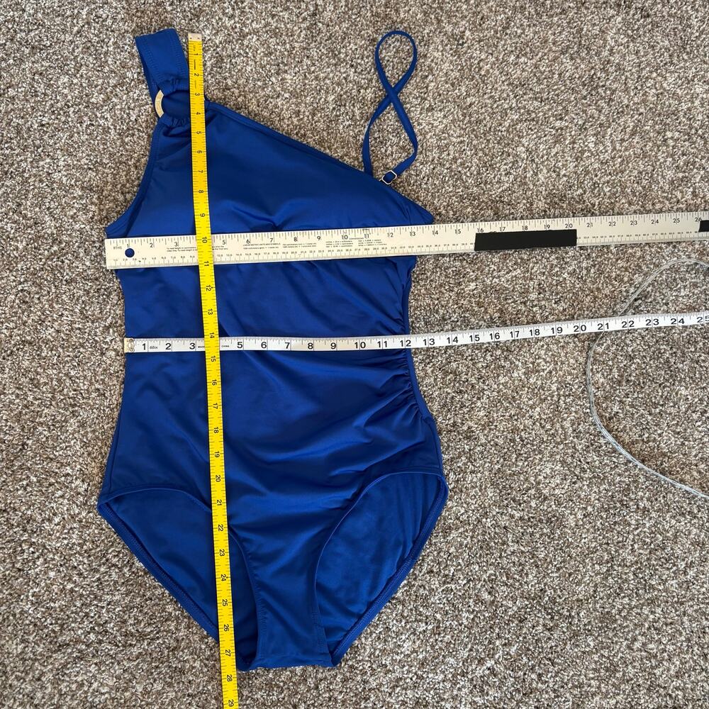 Michael Kors One Shoulder One Piece Swimsuit Royal Blue Logo Ruched Sz 14 - Picture 8 of 15